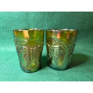 Vintage pair Fenton Emerald Butterfly & Fern Tumblers Iridescence Carnival Glass
